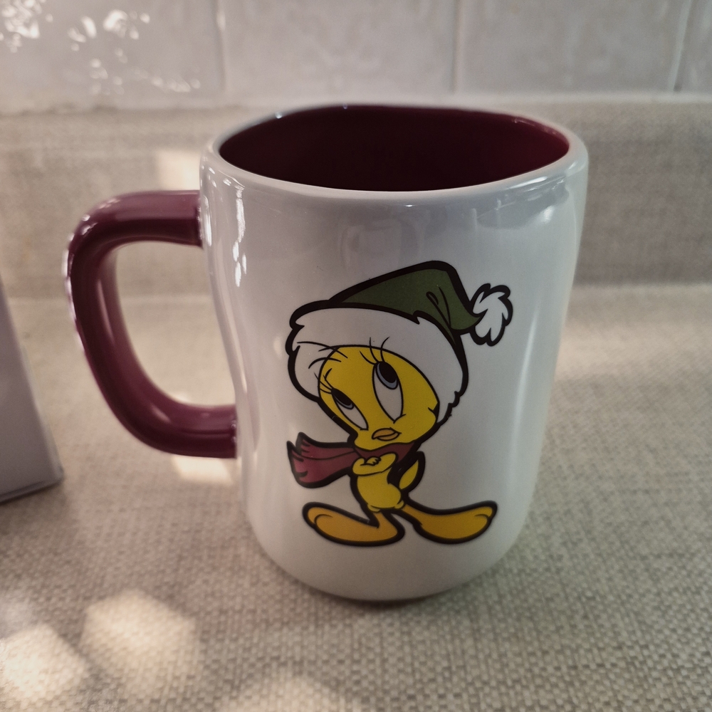 Rae Dunn Season's Greetings Mug with Burgundy Handle